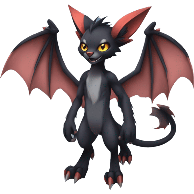 Black cool vampiric Noivern-Litten-Lykoi-Caracal-Fakemon with big bat ears full-body emoji