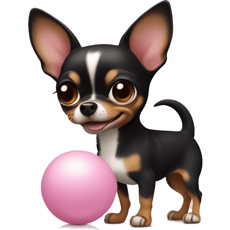 Black and brown chihuahua playing with small light pink ball emoji