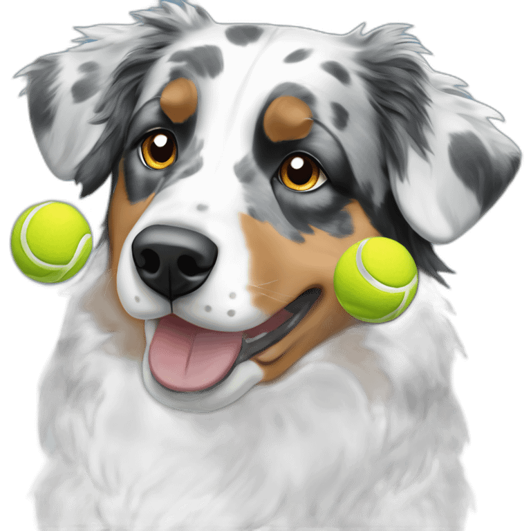 blue merle australian shepherd with raining tennis balls emoji