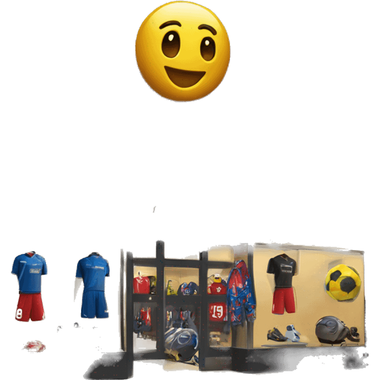 “Soccer store exterior with bold signage, large windows showcasing football gear, jerseys, and accessories, and a dynamic, athletic design reflecting the energy of the sport.” emoji