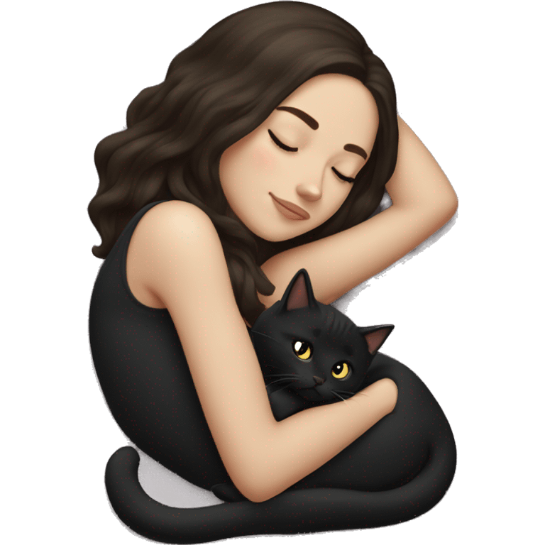 White girl dark brown hair sleeping with black kitty emoji