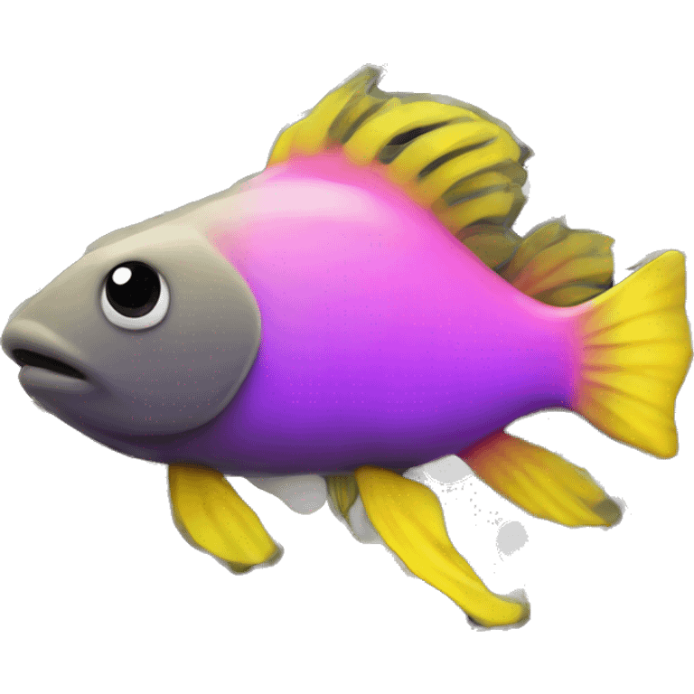 tiny fish with purpleish pink front half, neon yellow back half and black dot on top fin emoji