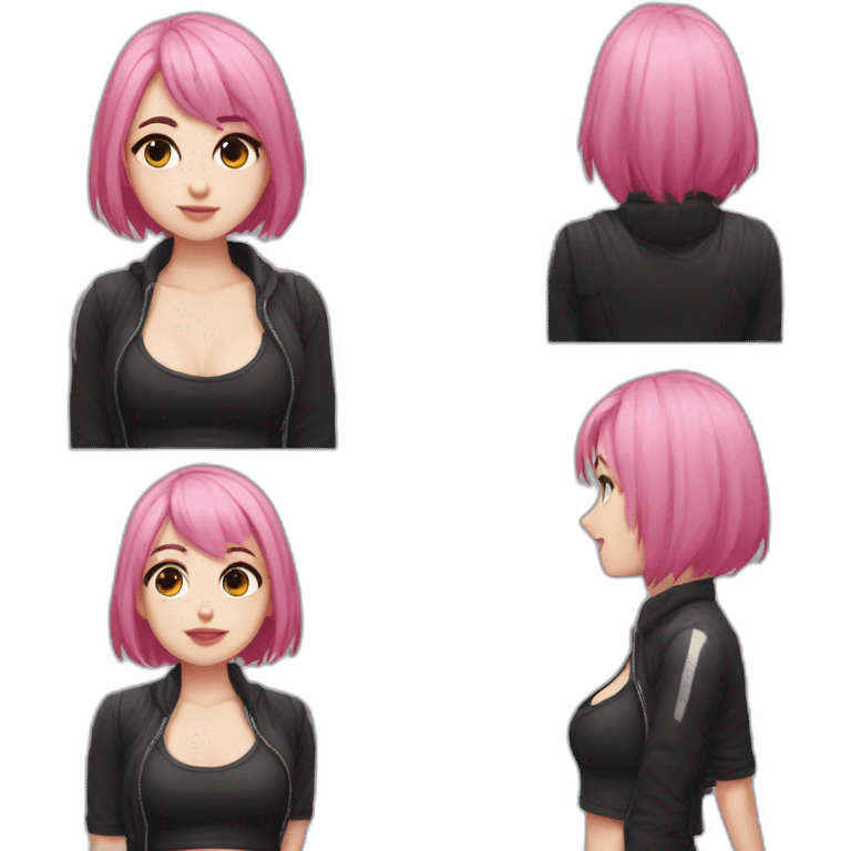 Full body Front view curvy emo girl pink hair sits on the floor straight view hands up black skirt белые трусики полосатые рваные чулки emoji