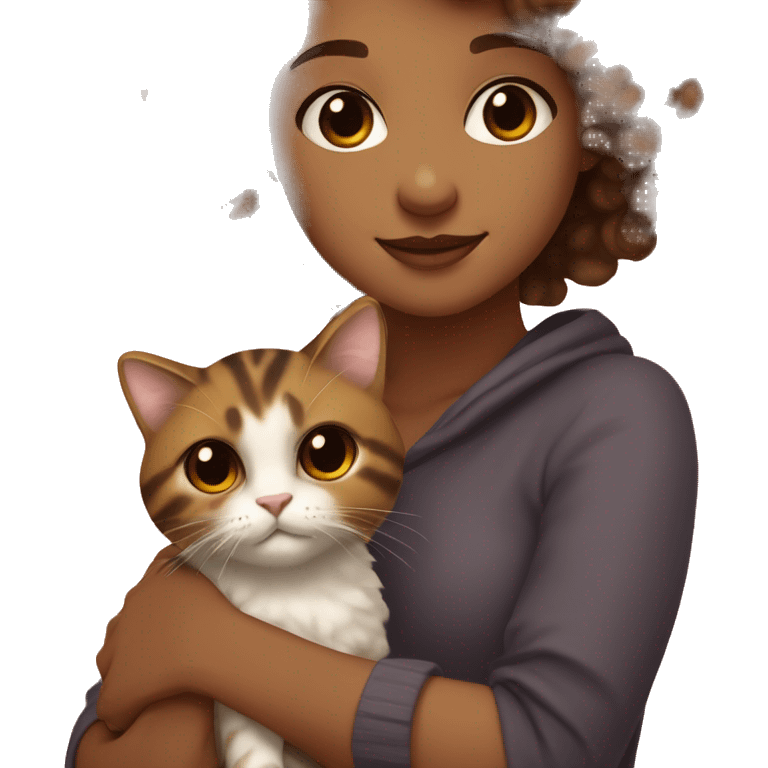 Light brown girl with short curly hair and brown eyes holding a tortoiseshell cat emoji