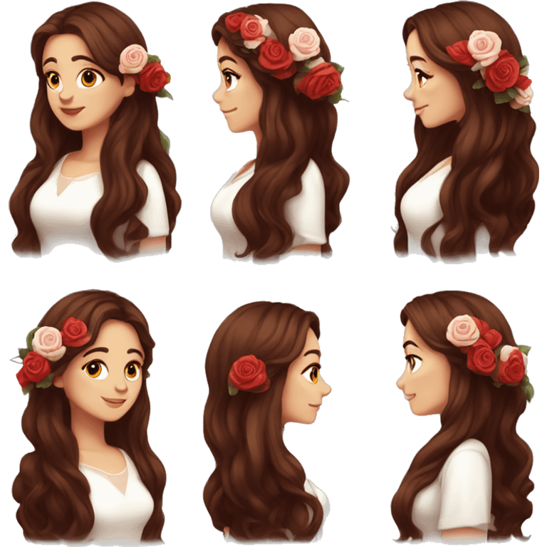 Beautiful, rose, red, flowers in hair, long dark brown hair, white fair skin emoji