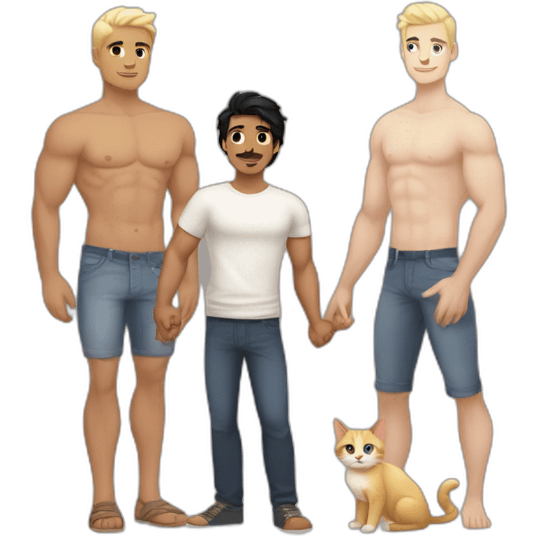 Gay couple, 1 Latino male heritage taller black hair a bit muscled, the other one white Australian male blonde hair holding hands with a cat in the middle of them. Full body emoji