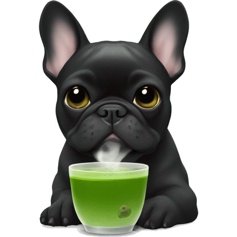 All black French bulldog drinking matcha tea emoji