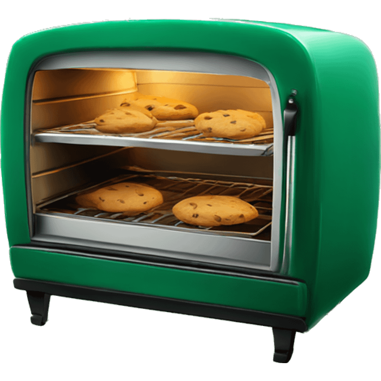 Realistic vintage emerald green oven with cookies baking inside of it. emoji