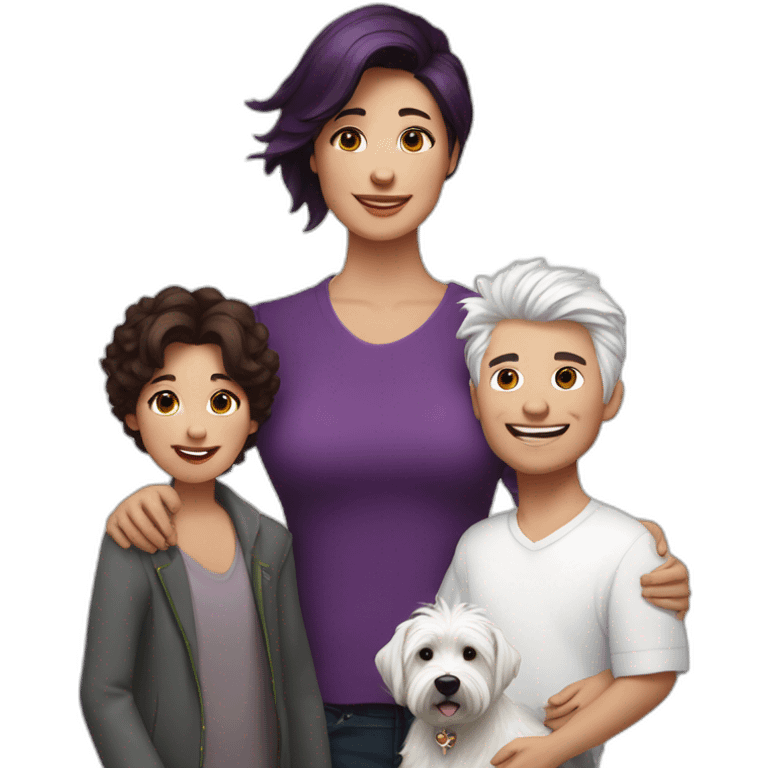 Family picture woman with purple hair and aduld son with dark brown hair and happy West Highland White Terrier emoji