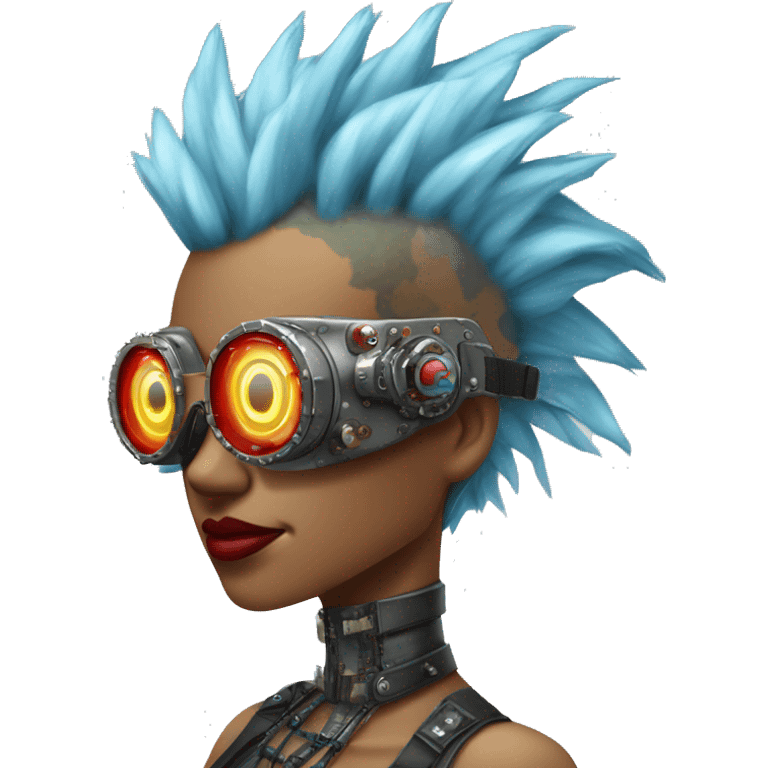 Light blue Mohawk hair female cyborg head with red steampunk goggles and circuits emoji