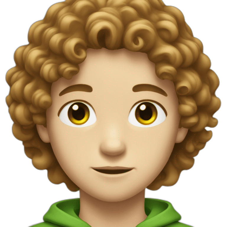 White Young boy with long brown curly hair and green eyes emoji