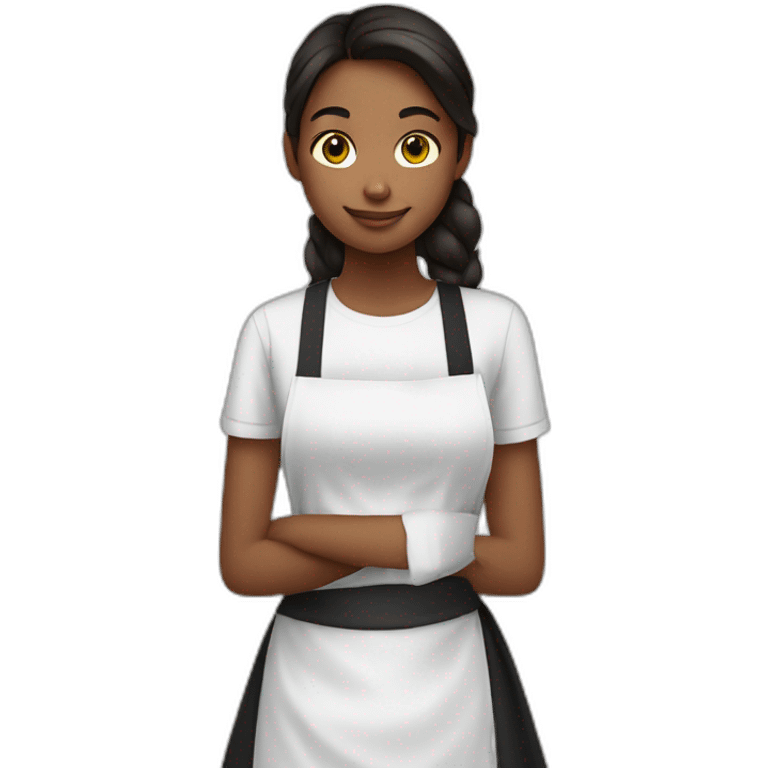 girl in a white T-shirt and a black apron stops with her hand emoji