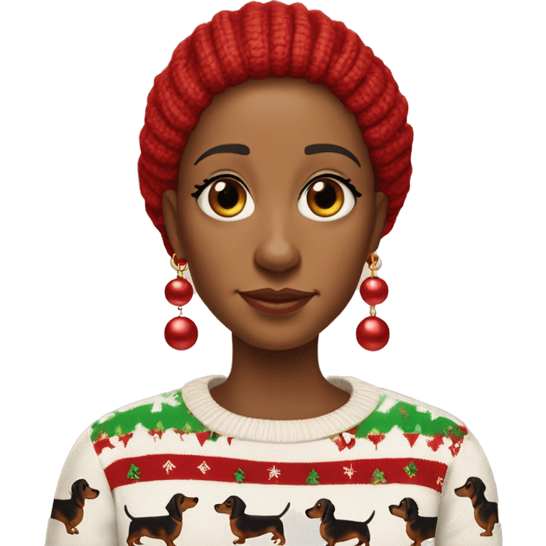 Skin tone: My skin is quite pale with a very tiny hint of peace. Outfit: An ugly Christmas sweater with brown dachshunds on it. Accessories: Just lady bug earrings. Expression: Unbothered sass. My age: 80  emoji