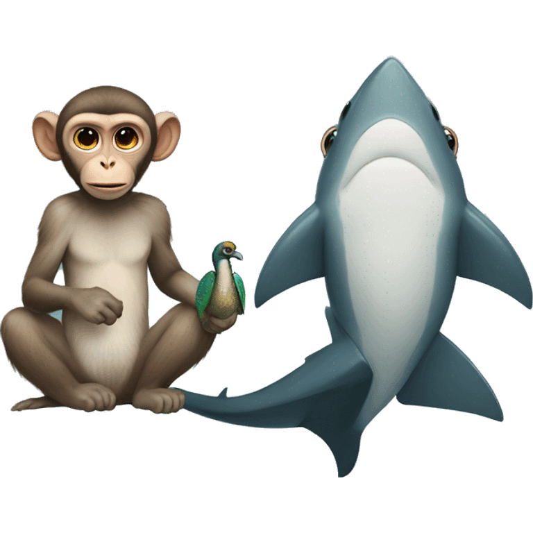 A macaque with a shark's head and a peacock's tail emoji