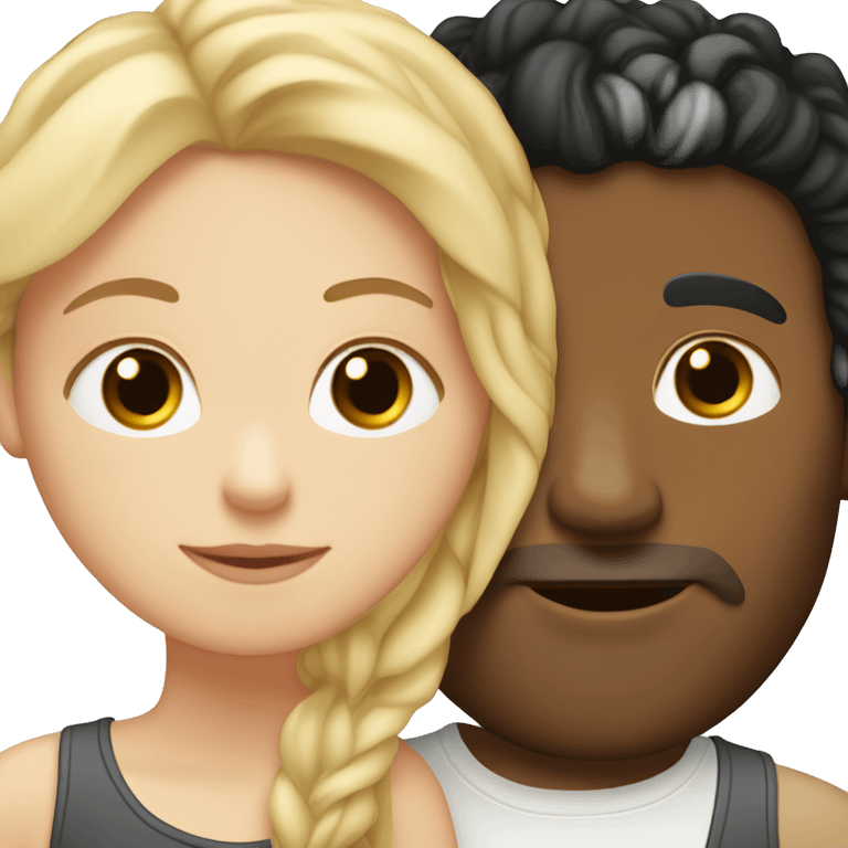 A white girl with blond straight hair kissing a light-skinned brown guy with curly black hair emoji