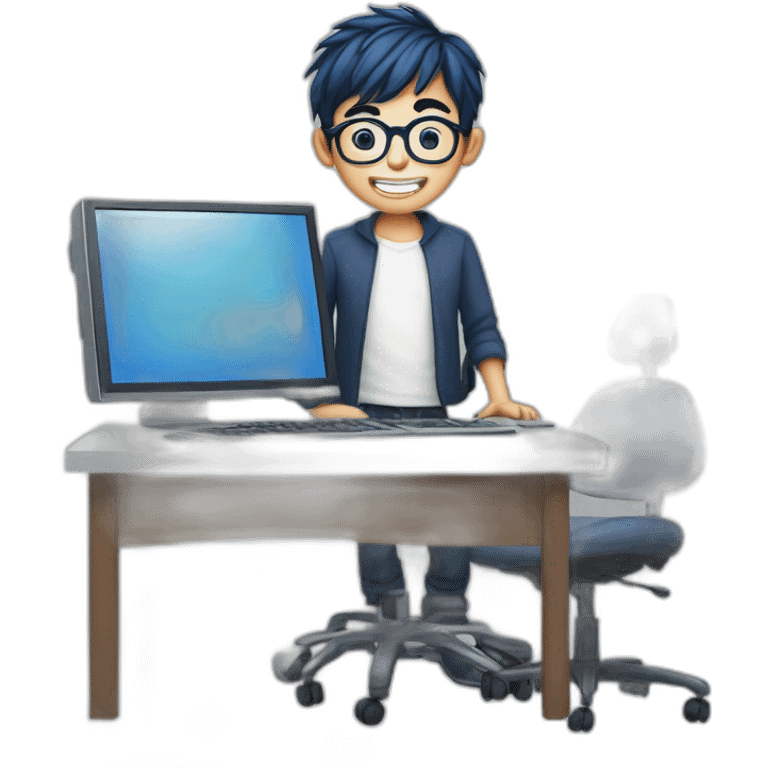 A boy with dark blue hair, round glasses and a dental appliance behind a computer. emoji