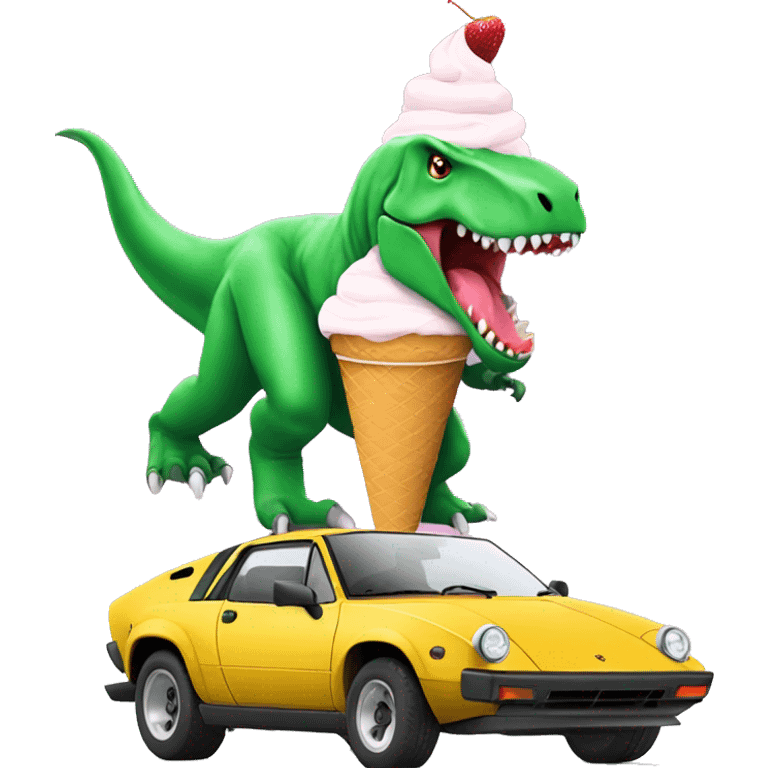 A trex eating a ice cream cone while driving a Lamborghini  emoji