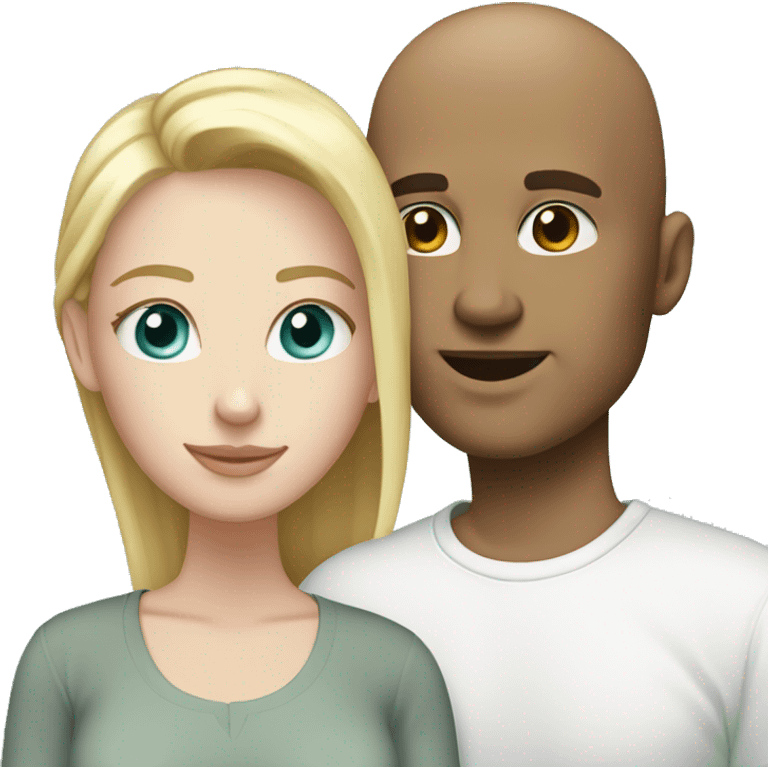 Loving white couple. White Male = bald, 35, light aqua eyes. Female = long blonde highlights, light aqua eyes emoji