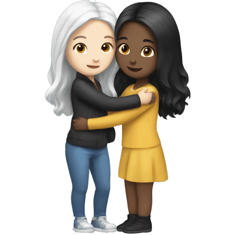 Two girls hugging. Both have long black hair and white skin emoji