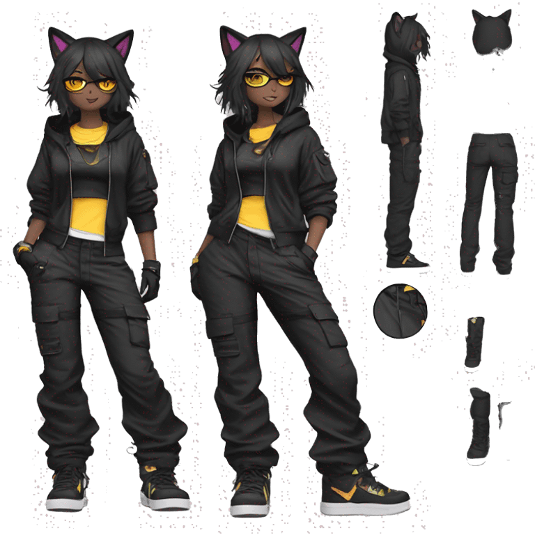 Edgy Anthro-fursona cool shy colorful urban beautiful pretty anime Black cat-Pokémon techwear cargo pants hoodie collar emoji