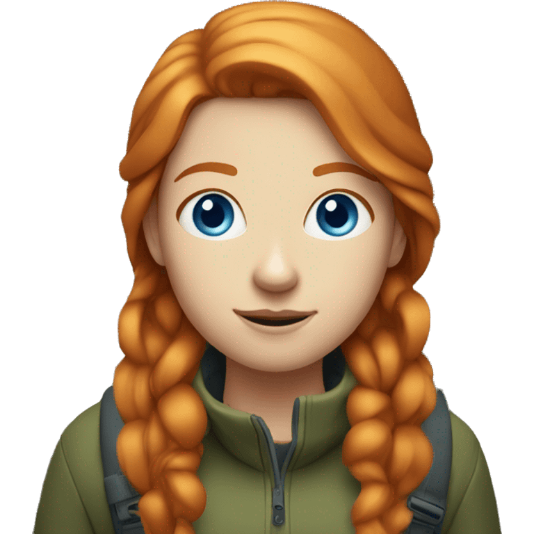 Ginger girl with volume straight hair and blue eyes On a hike emoji