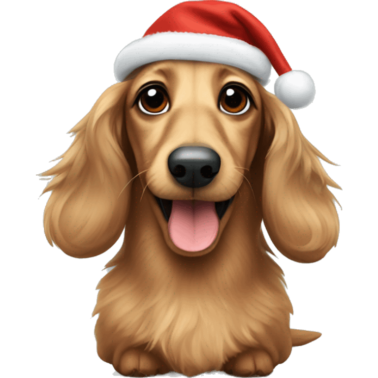 Fluffy dachshund with a Christmas mood emoji