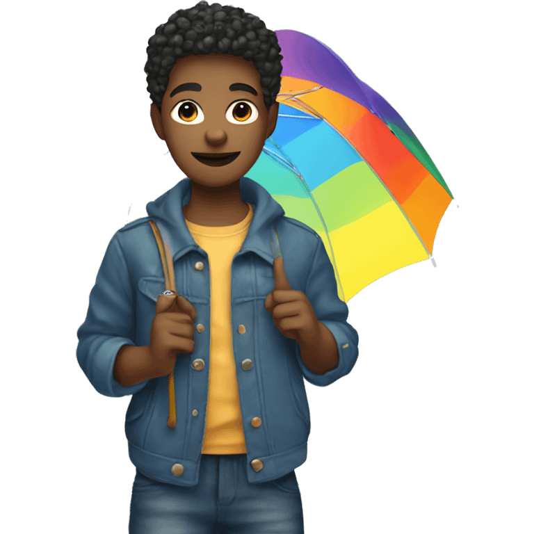 Queer boy with colourful clothes hoding an umbrella emoji