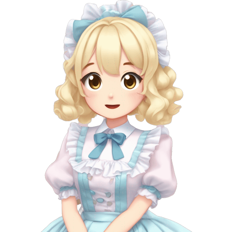 Gorgeous anime style girl blushing face maid outfit Lolita idol model colorful shiny sparkle kawaii pastelcore cottagecore pearly petite simplistic aesthetic trending style blonde hair emoji