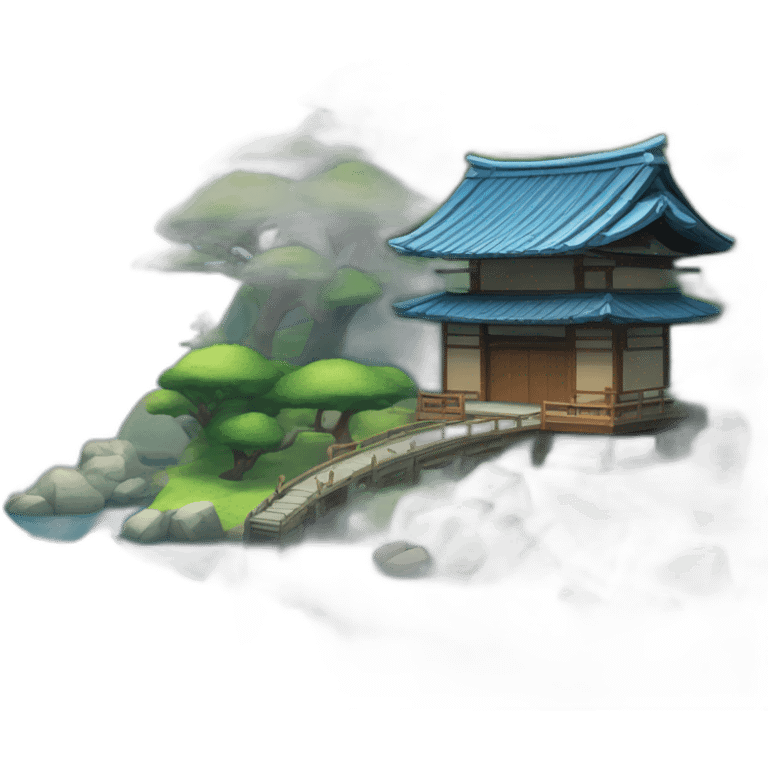 A lakeside island with a shinto gate and small Japanese house with a blue tiled roof emoji