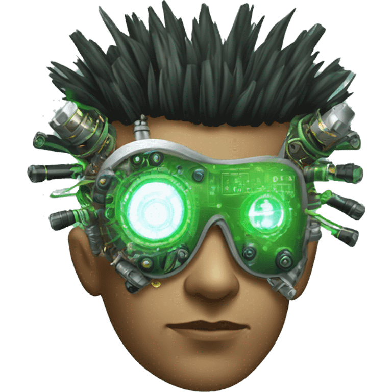 Green Mohawk hair male cyborg head with white steampunk goggles and circuits emoji