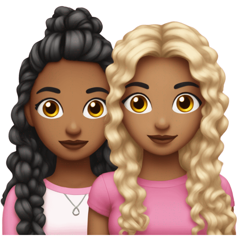 two teenage aesthetic  Latina best friends wearing pink. Long hair. One curly hair and one straight hair. Boujie classy outfits emoji