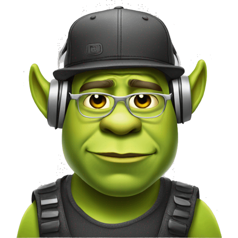 serious shrek being a dj, with a cap and silver glasses emoji