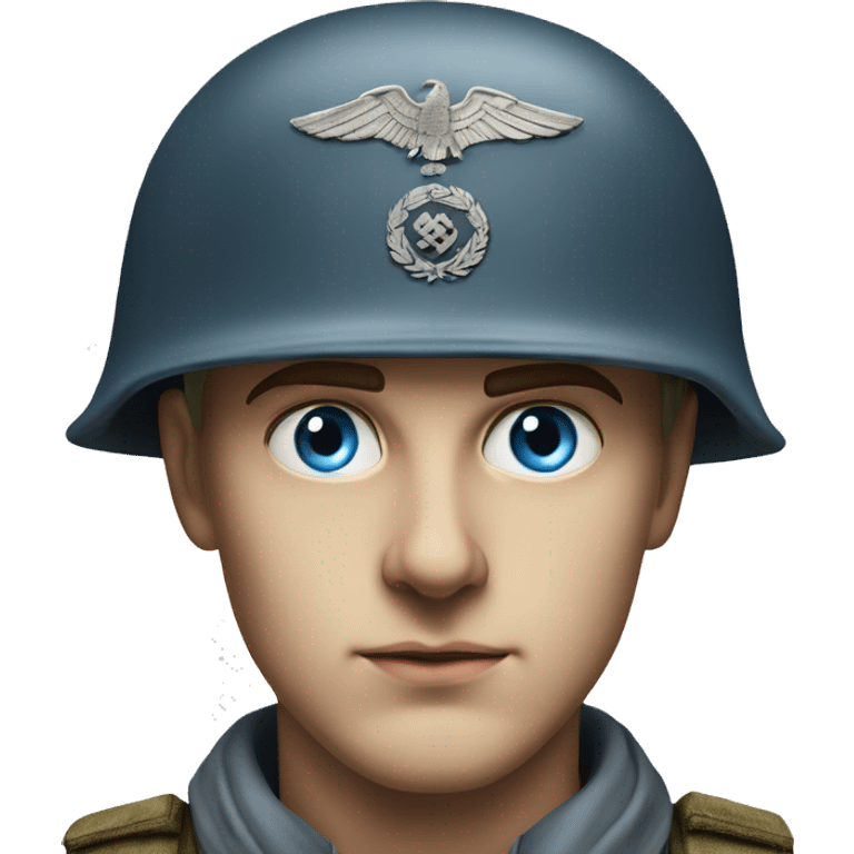 blue eyed  guy 28 years old german soldier in helmet 1940 photorealistic serious emoji