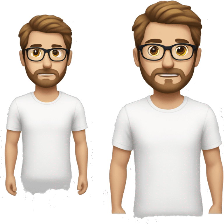 Young man with a short beard, brown hair and a moustache, wearing a white t-shirt and glasses with transparent frame emoji