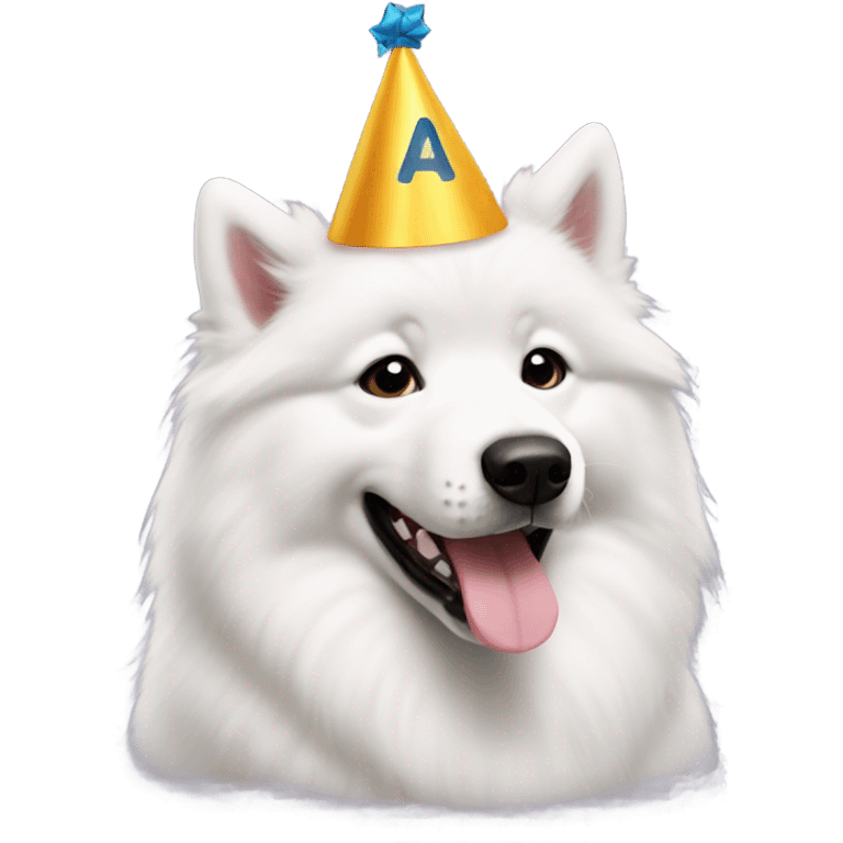 A Samoyed with a fourth birthday hat emoji