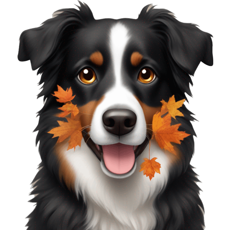 Small black australian shepherd dog wearing autumn leaves emoji