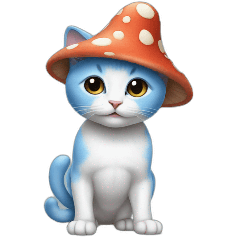 Blue skinned kitten with a mushroom hat and white pants emoji