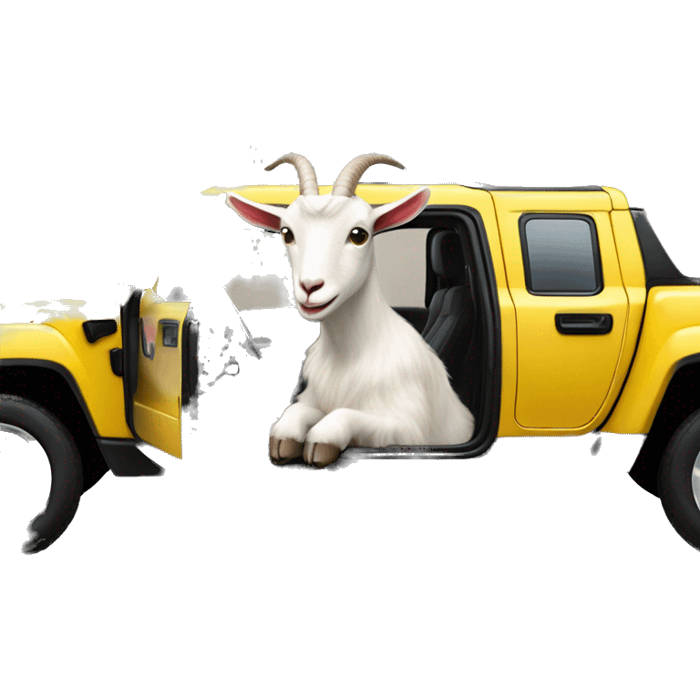 Goat in black puffy jacket driving hummer ev emoji