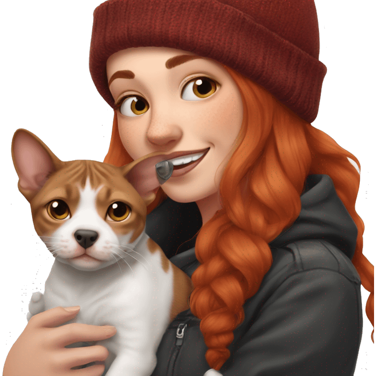 Long Red haired woman in beanie with septum piercing holding black and white English Staffordshire puppy and tabby cat emoji