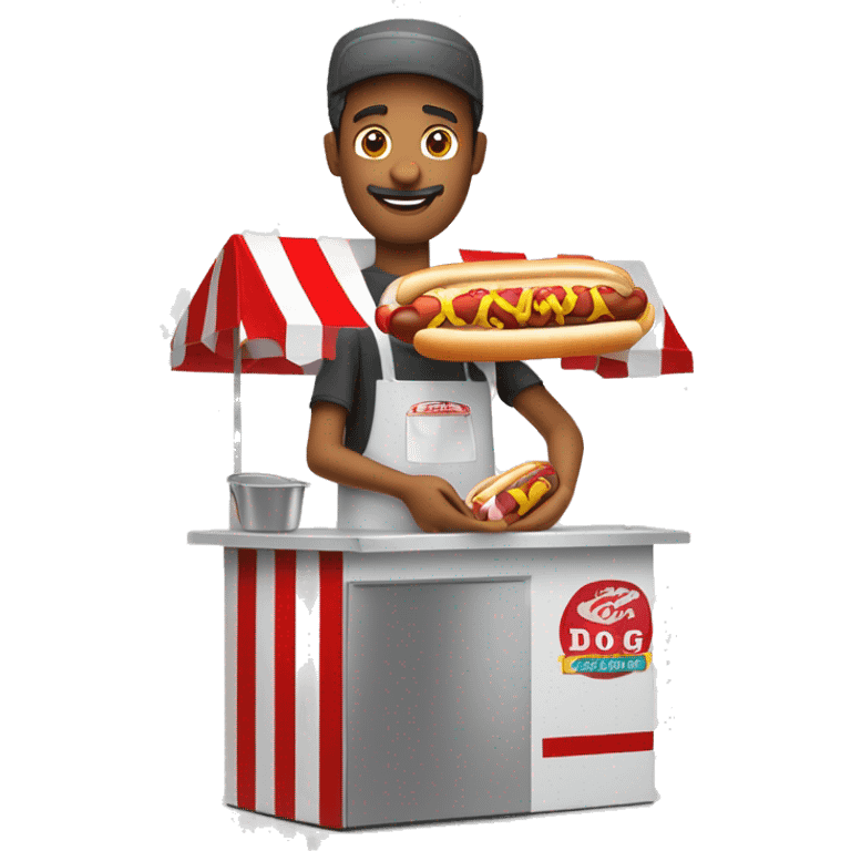 hot dog vendor holding a hot dog in his hand with a hot dog stand in the background with a white background for slack emoji