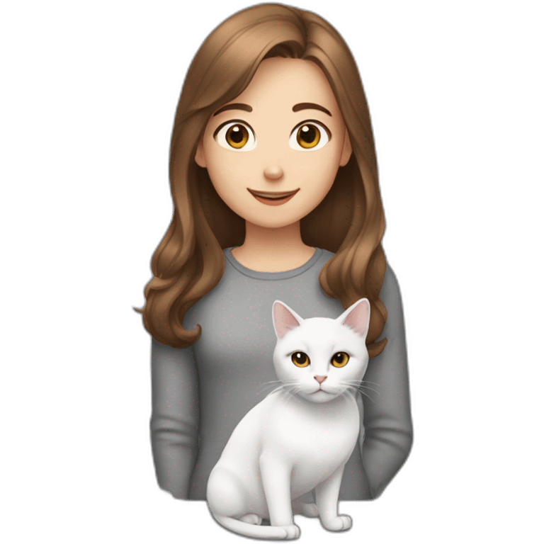 a girl with brown hair, a white cat and a gray cat emoji