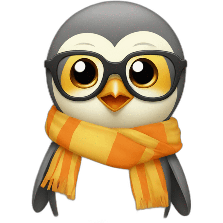 yellow penguin with black glasses dirtyblonde hair with orange tshirt and gray striped scarf emoji