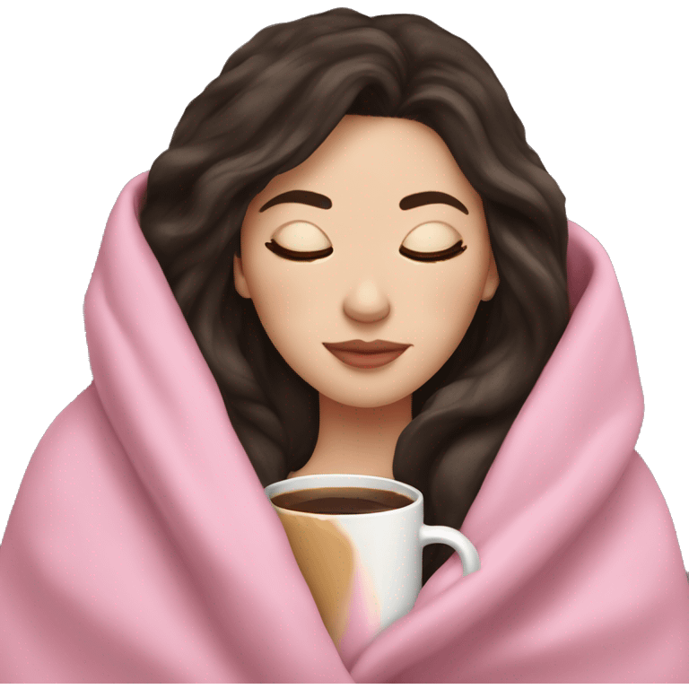 white girl dark hair inside a pink blanket sipping coffee eyes closed emoji