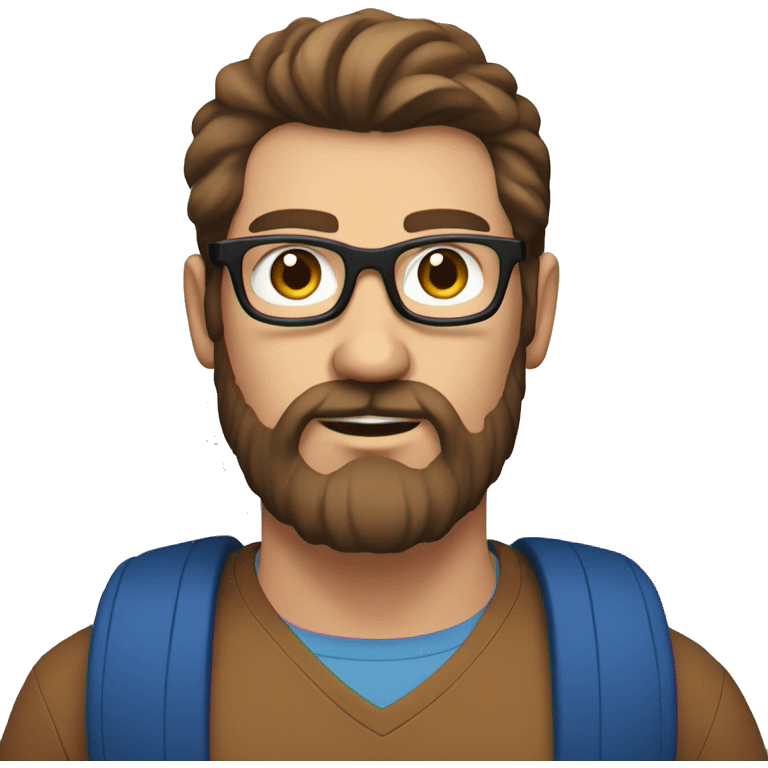 Heavy caucasian young dad, with a blue shirt, with a big brown beard and black rectangle glasses and brown hair  emoji