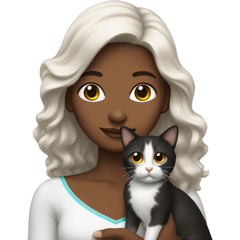 long wavy haired brown skin woman holding black and white cat emoji