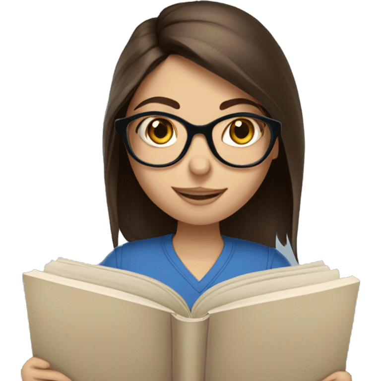 Medium length brunette haired blue eyed girl reading a book and wearing glasses emoji