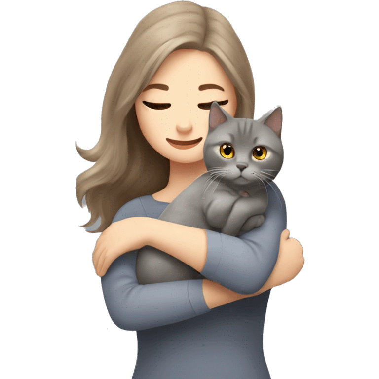 small British shorthair grey cat hugging long brown hair white woman emoji