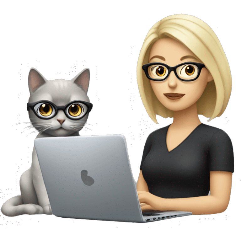 A woman with blond dark hair and thick black glasses using a laptop with her grey cat emoji