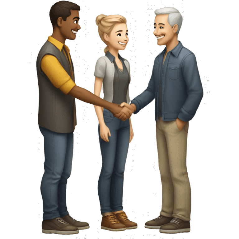 an old restaurant owner and young blogger in youth clothes, shaking hands, both with light skin, in great detail, in full height emoji