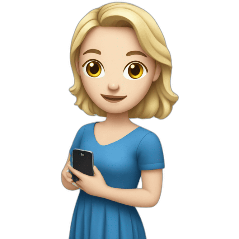 a white girl in a blue dress holding a cell phone emoji